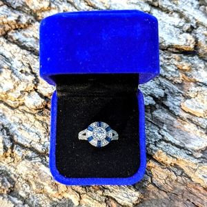 Art Deco Inspired Created Sapphire and Cubic Zirconia Ring Size 7